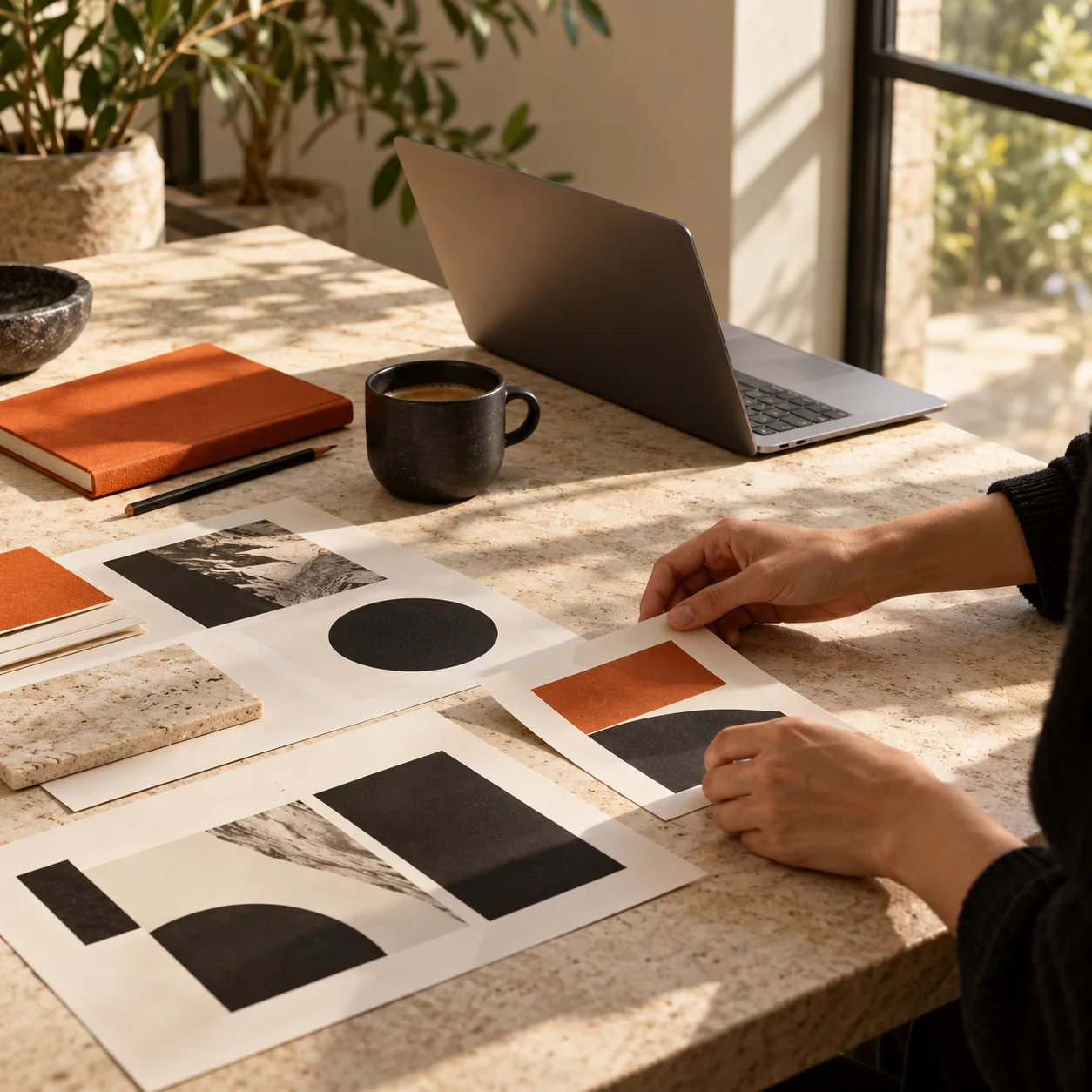Mesa creativa con una computadora, bocetos y materiales de diseño